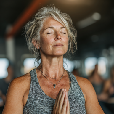 Seniori practicând yoga în mediu natural